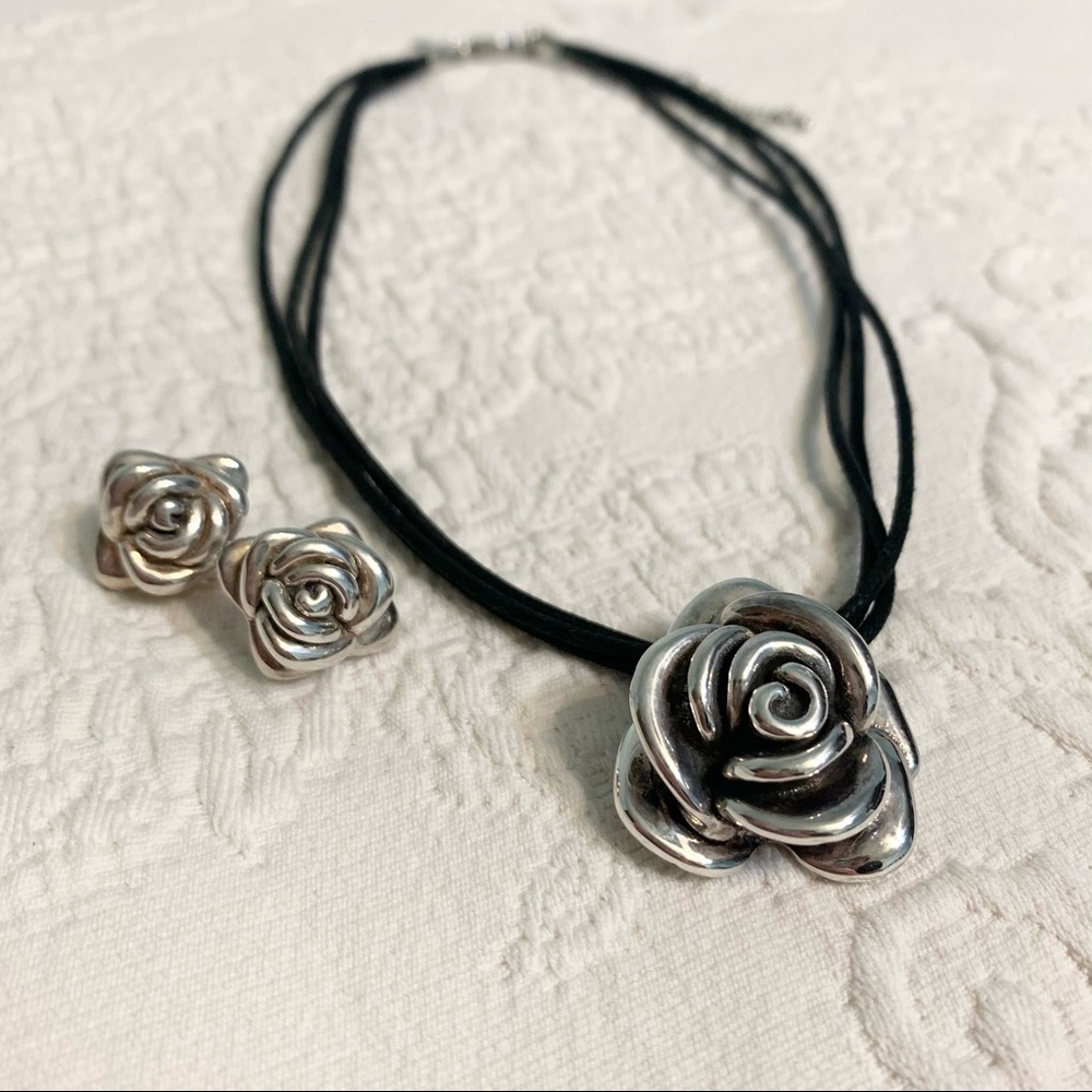Sterling Silver Flower Rose Necklace Earrings